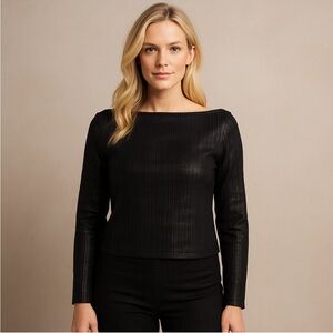 Ecru Black Pleated Faux Leather Long Sleeve Top Size Large